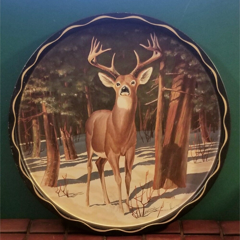 Vintage Barware Metal Serving Tray Whitetail Deer James L Artig 11" Diameter